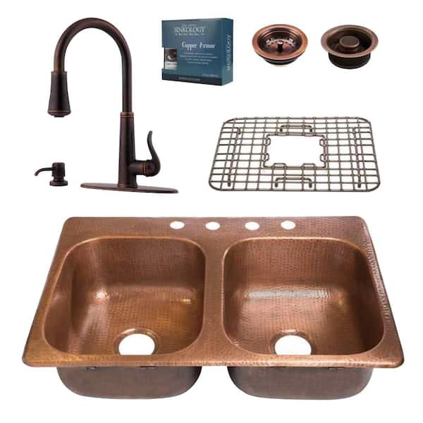 SINKOLOGY Pfister All-In-One Drop-In Copper 33 in. 4-Hole Double Bowl Kitchen Sink with Faucet Design Kit in Rustic Bronze