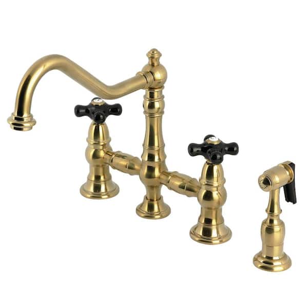 Duchess 2-Handle Deck Mount Bridge Kitchen Faucet with Brass Sprayer in Brushed Brass