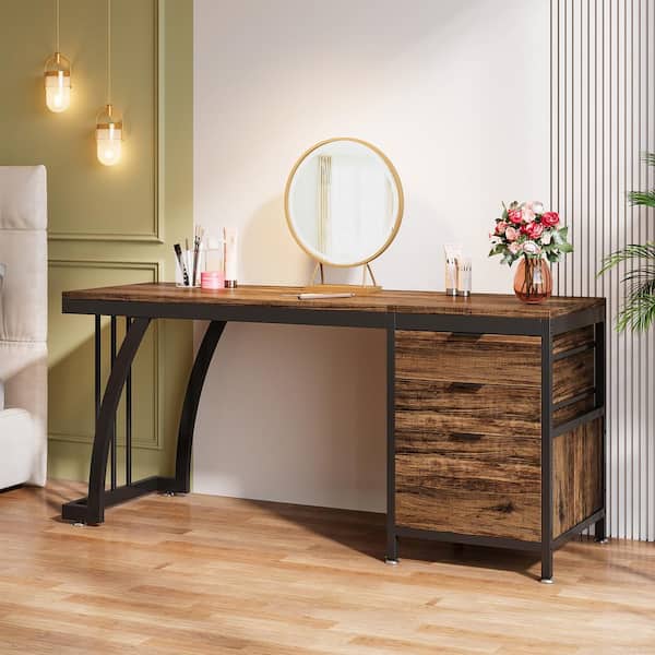 Helotes Rustic Brown Makeup Vanity Desk with 3-Drawers, 59 in.  Large Dressing Table with Reversible Drawers Only Desk