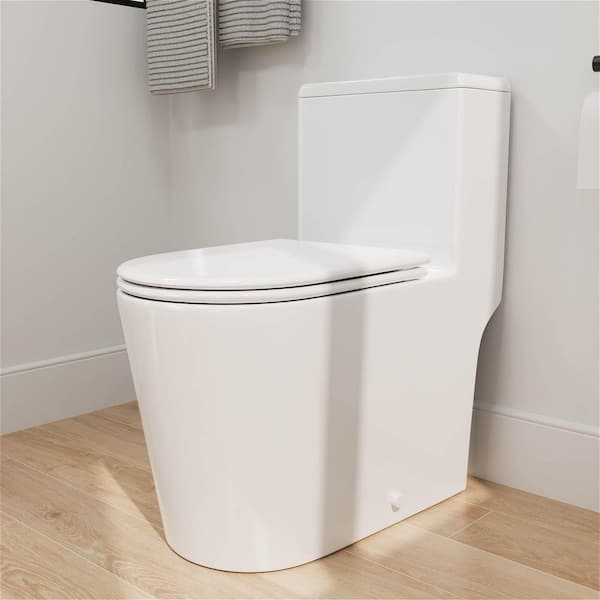 1-Piece 1.0 / 1.28 GPF Dual Flush High Efficiency Elongated Toilet in Gloss White Soft-Close Seat Included
