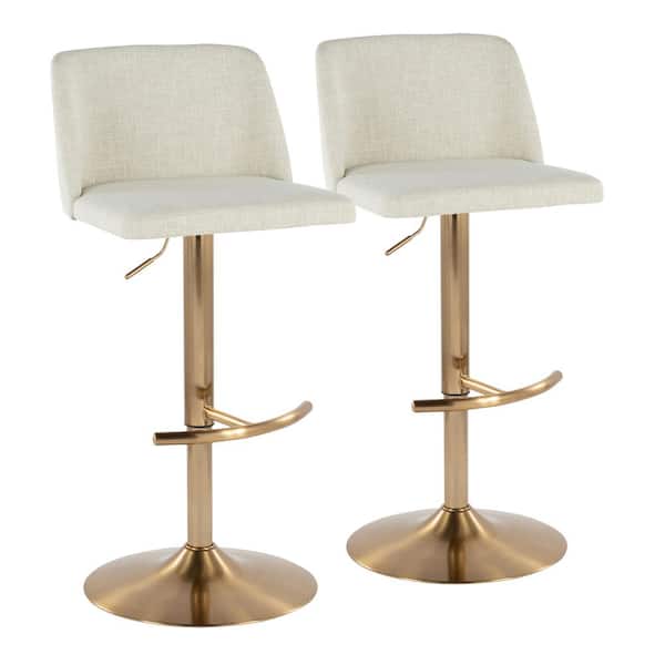 Lumisource Toriano 33 in. Cream Fabric and Gold Metal Adjustable Bar Stool with Rounded T Footrest (Set of 2)