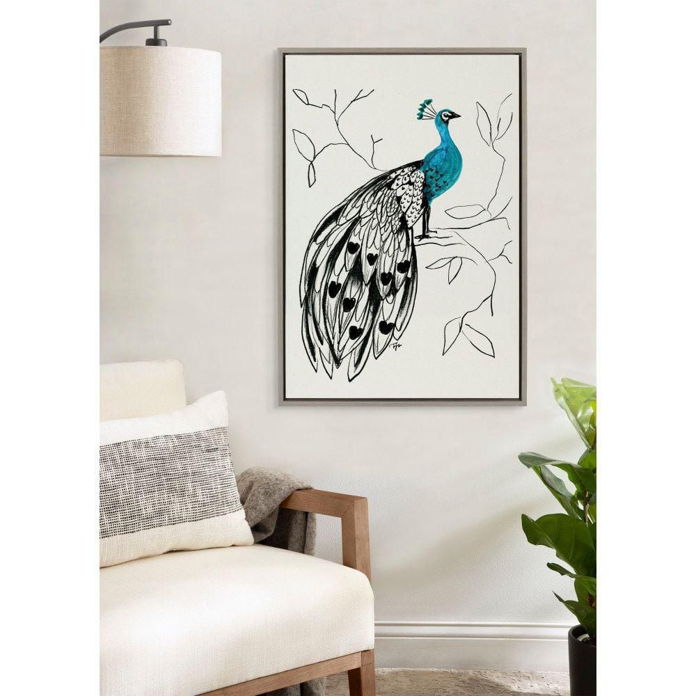 Gray and Blue Peacock Canvas Print with Modern Frame, 23x33