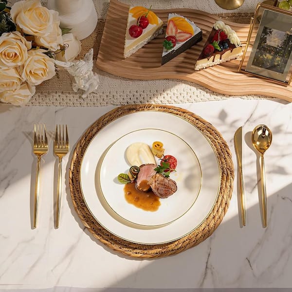 150-Pieces Ivory Plastic Plates with Gold Rim Include 30 Dinner Plate, 30 Dessert Plate, 90 Plastic Silverware for Party