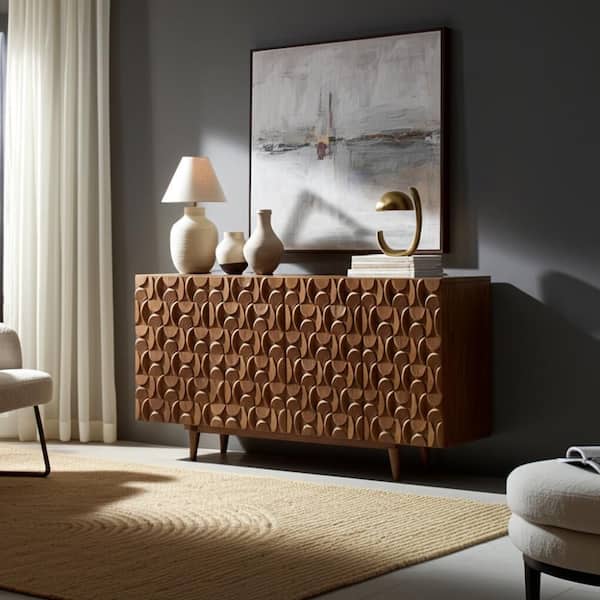 Brown Wood 63 in. Geometric Carved Front Finish Sideboard
