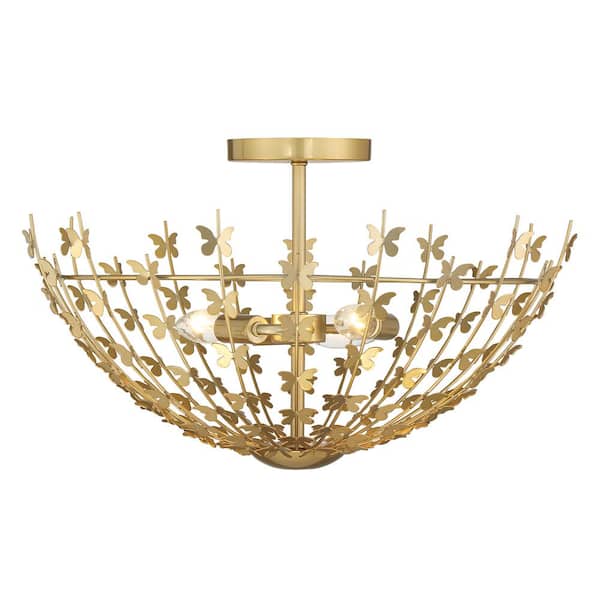 Savoy House Birch 20 in. 3-Light Burnished Brass Semi- Flush Mount with Butterfly Accents and No Bulbs Included