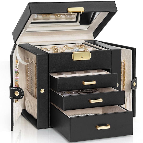 5.9 x 7.87 in. Black Leather Jewelry Box with Lid & Mirrorable