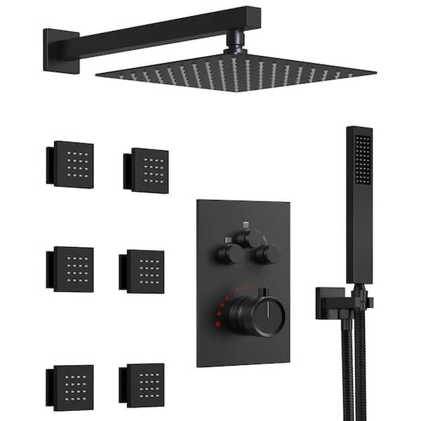 GRANDJOY Multiple Press 7-Spray Wall Mount 12 in. Fixed and Handheld Dual Shower Head 2.49 GPM in Matte Black Valve Included