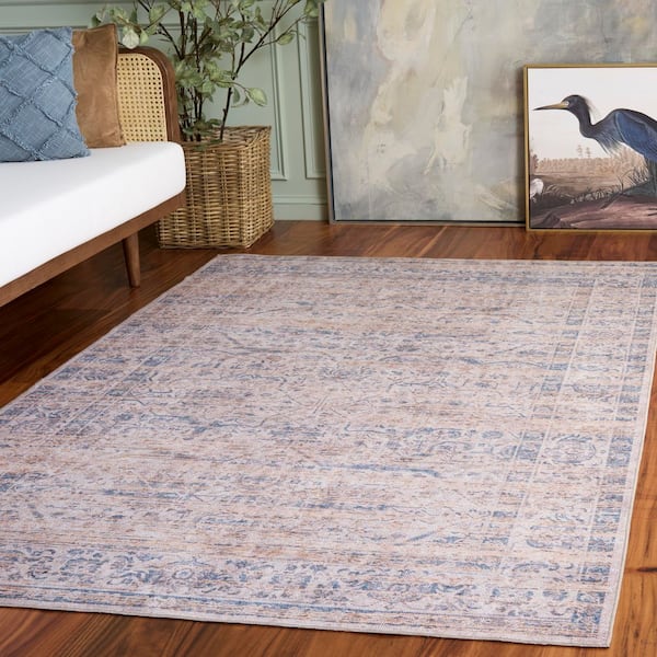 Vintage Heriz 6 ft. x 9 ft. Blue/Beige Distressed Abstract Washable Area Rug