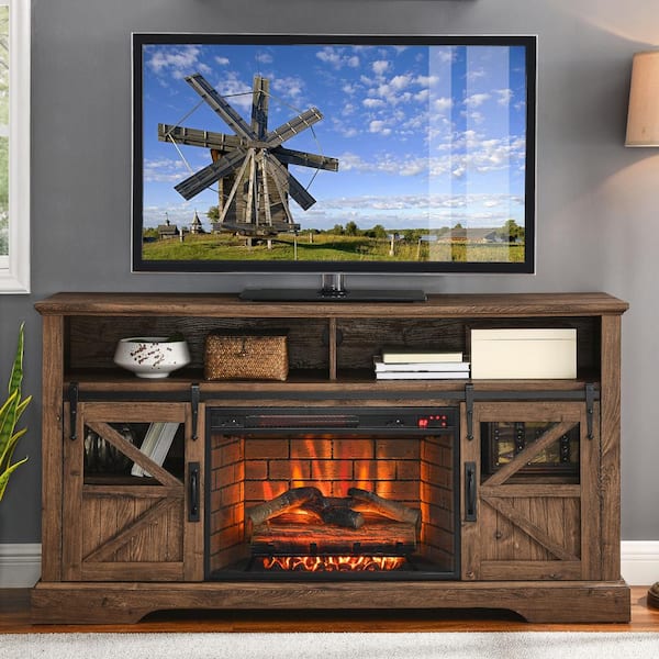 ToolCat 60 in. Freestanding Ultra Thin Tempered Glass Front Smart Electric Fireplace and TV Stand with Remote in Brown