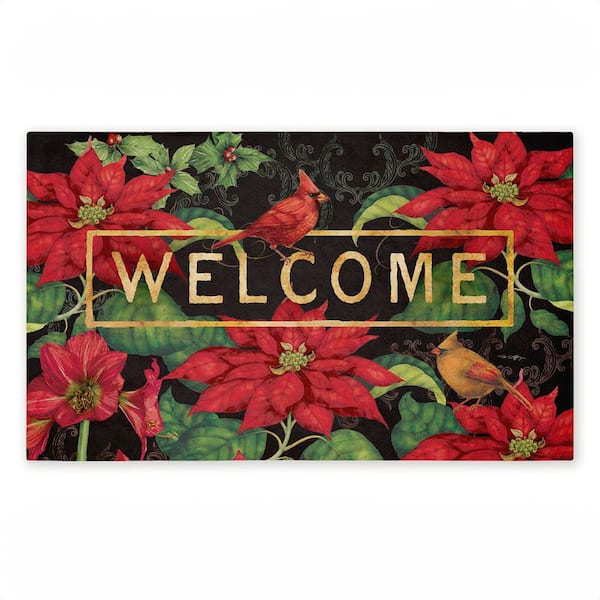 Seasonal Poinsettia Welcome Black 18 in. x 30 in. Polyester Non-Slip Outdoor Door Mat