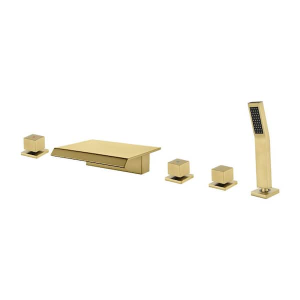 cobbe Single-Handle Tub Deck Mount Roman Tub Faucet with Hand Shower and Water Suply Hose in Brushed Gold