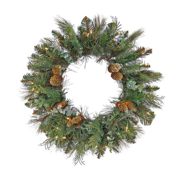 24 in. Pre-Lit Artificial North Conway Wreath with Glittery Cones and Eucalyptus, 50 Clear Lights- UL