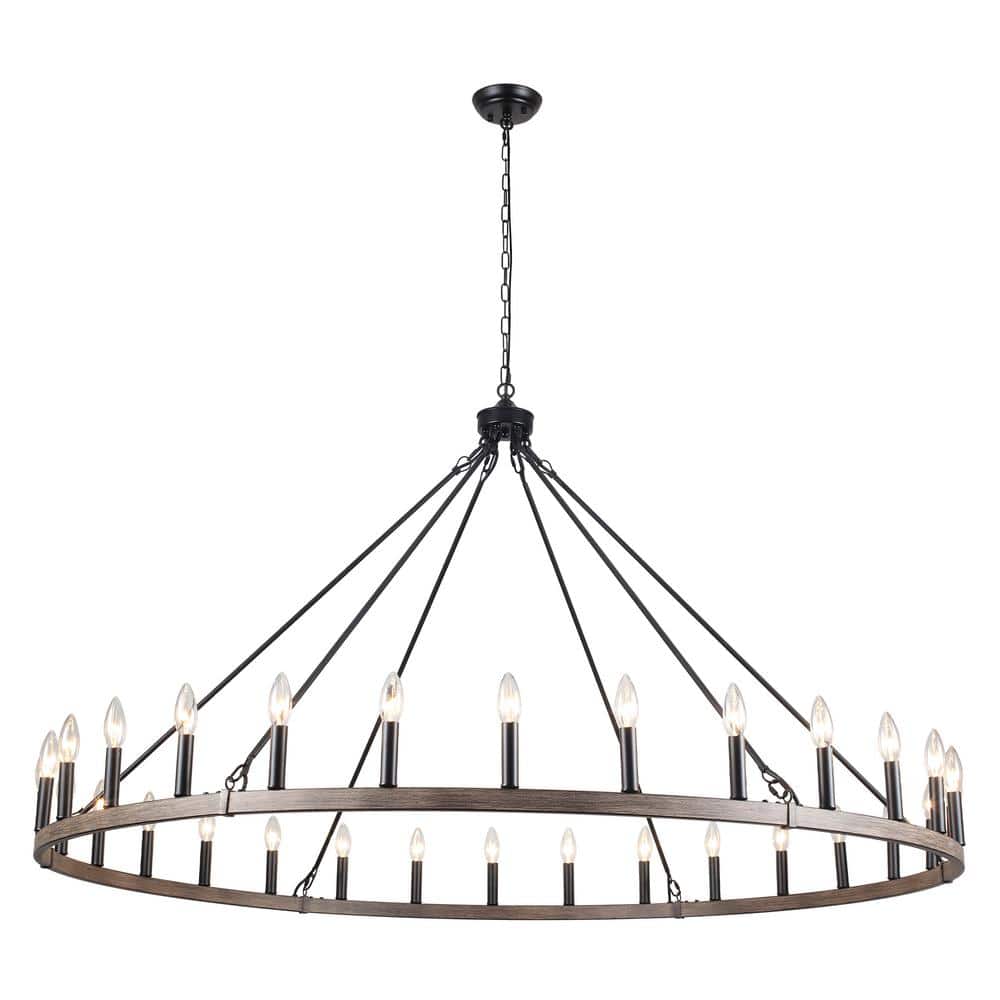 30 - Light 60 in. Black & Imitation Wood Grain Oversized Modern Farmhouse Candle Wagon Wheel Chandelier for Living Room price history on PriceWatchPro