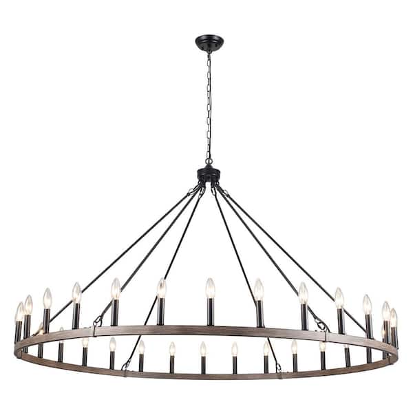 30 - Light 60 in. Black & Imitation Wood Grain Oversized Modern Farmhouse Candle Wagon Wheel Chandelier for Living Room