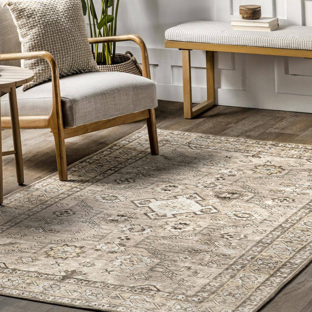 Easycare 5' x 8' Beige Cotton Blend Washable Area Rug
