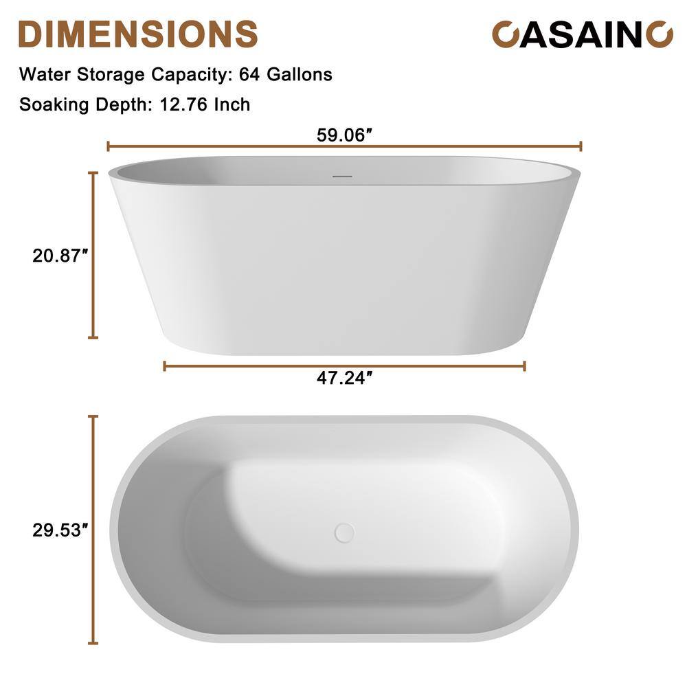 59" White Solid Surface Freestanding Soaking Bathtub with Black Pillow
