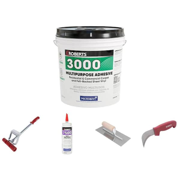 Vinyl Flooring Install Kit: Trowel, 4 Gal Adhesive, Seam Sealer, Knife and Roller