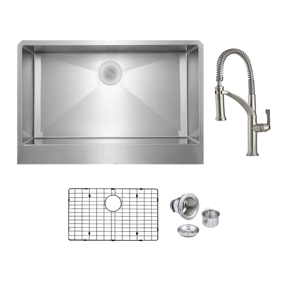 Bryn Stainless Steel 16-Gauge 30 in. Single Bowl Farmhouse Apron Kitchen Sink with Deluxe Faucet, Bottom Grid, Drain -  PELHAM & WHITE, PWS200-B