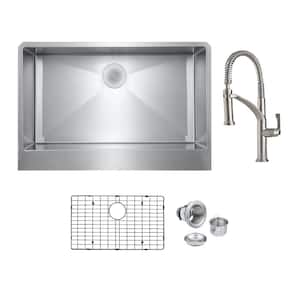 Bryn Stainless Steel 16-Gauge 30 in. Single Bowl Farmhouse Apron Kitchen Sink with Deluxe Faucet, Bottom Grid, Drain