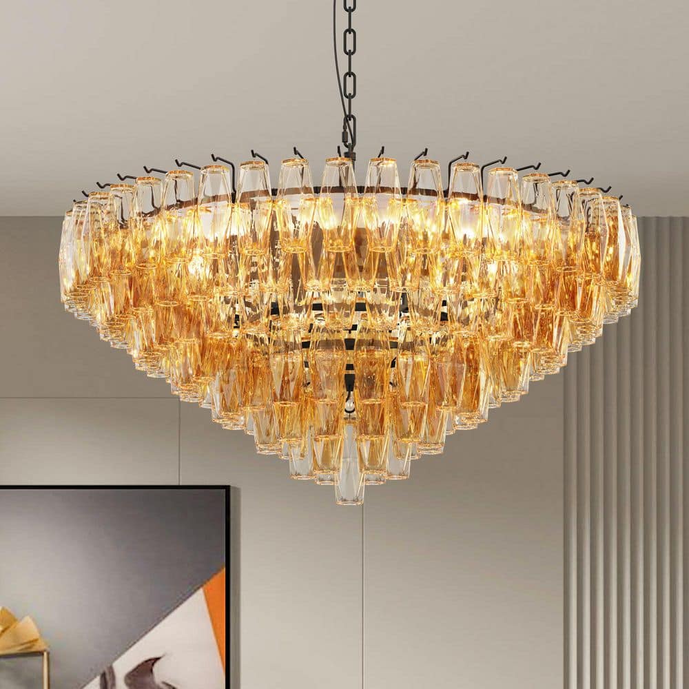 37 in. 14-Light Black Round Chandelier, Pendant Lighting Fixture with Tiered Smoke Glass Tubes for Dining Room price history on PriceWatchPro