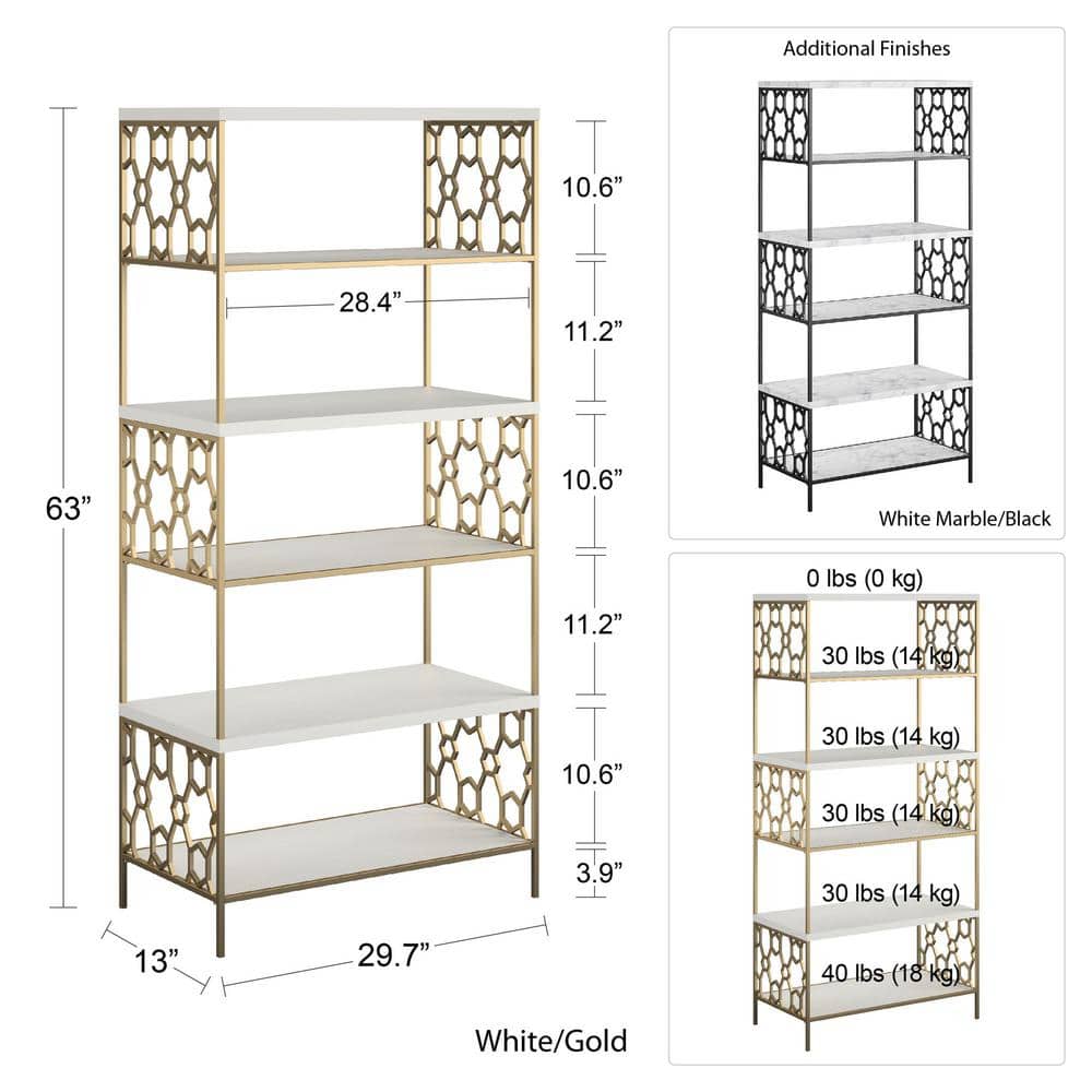 Ella Modern White Marble and Black Metal 5-Shelf Bookcase