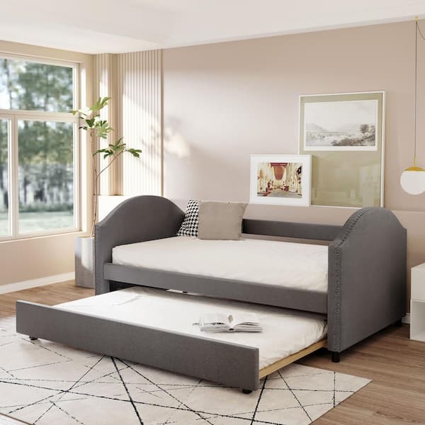 GODEER Gray Full Size Upholstered DayBed with Twin Size Trundle, Wood Slat Support