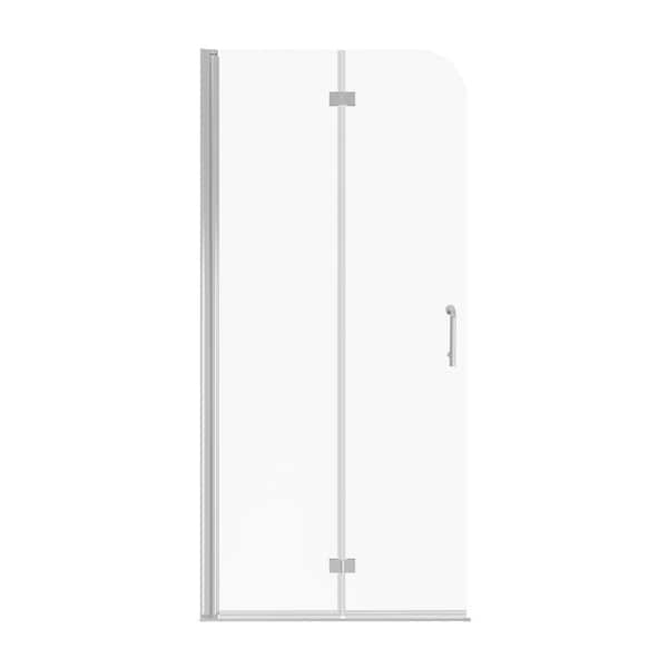 34 in. W x 72 in. H Single Frameless Corner Shower Enclosure Hinged Shower Door in Sliver