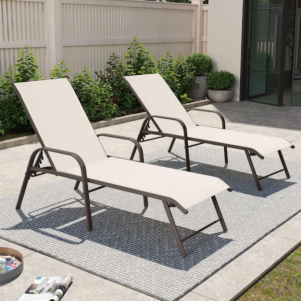 Crestlive Products 2-Piece Metal Outdoor Chaise Lounge with Adjustable Back Lounge Chair Set Aluminum Frame Textilene Fabric in Champagne