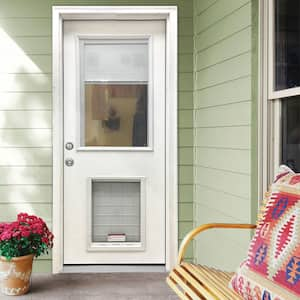 32 in. x 80 in. Reliant Series Clear Mini-Blind RHIS White Primed Fiberglass Prehung Front Door with XL Pet Door