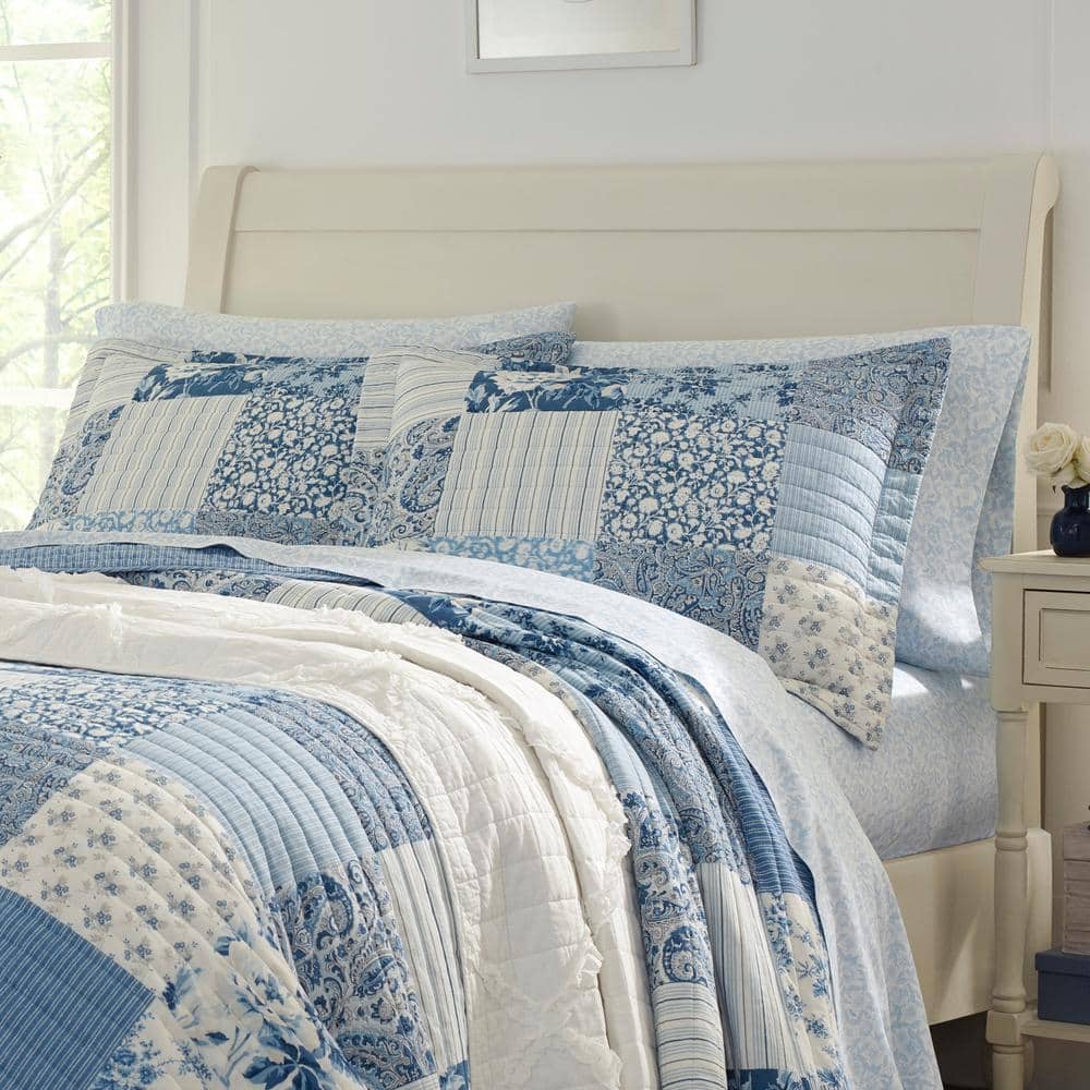 Full Blue Cotton Reversible Patchwork Quilt Set