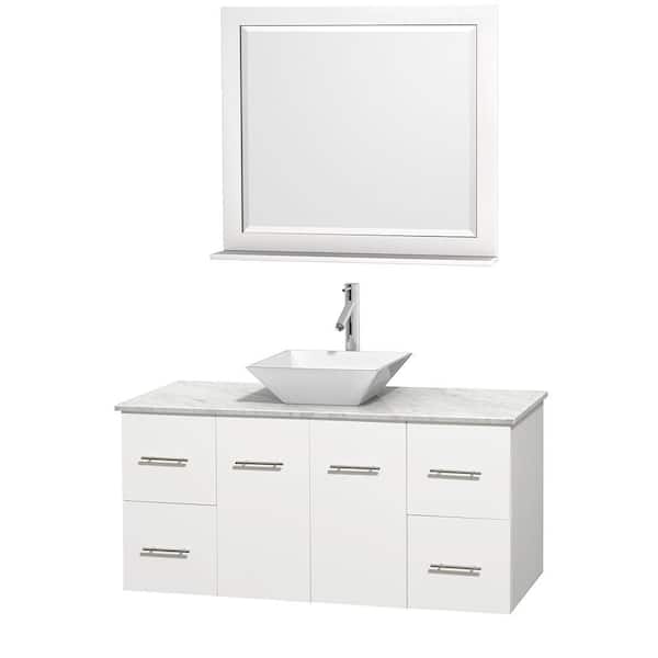 Wyndham Collection Centra 48 in. Vanity in White with Marble Vanity Top in Carrara White, Porcelain Sink and 36 in. Mirror