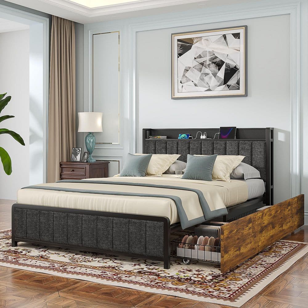 Rustic Bed Brown Metal Frame Queen Platform Bed with Upholstered Headboard, USB Port and 4-Rolling Storage Drawers - thumbnail 8