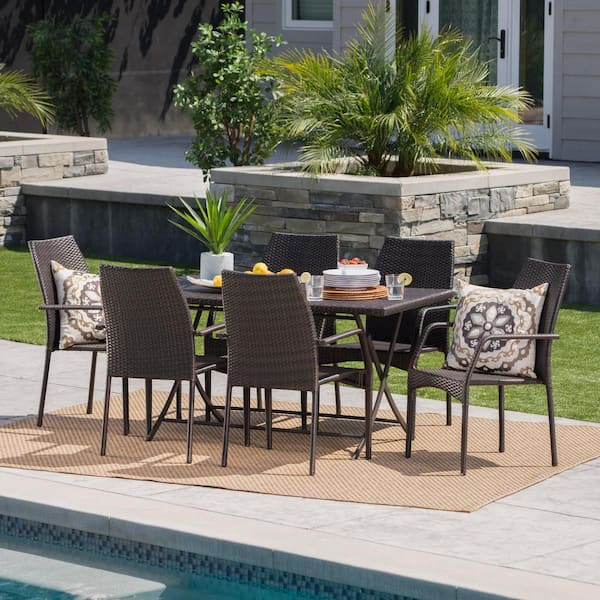 Noble House Multi-Brown 7-Piece Faux Rattan Rectangular Outdoor Dining ...