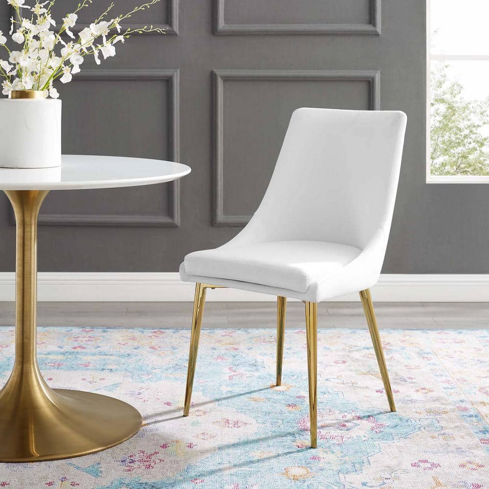 White Velvet Upholstered Side Chair with Wood and Metal Legs