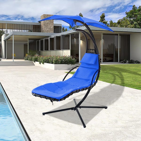 Cesicia Black Metal Outdoor Swing Chaise Lounge with Removable Canopy and Navy Cushion