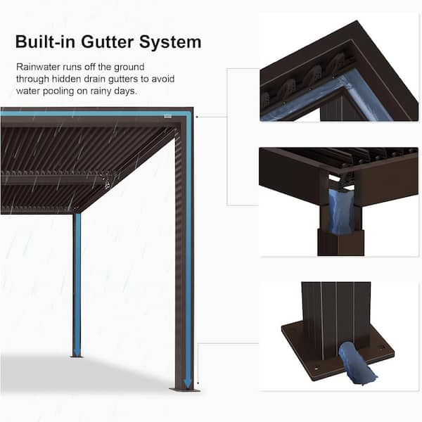 12 ft. x 20 ft. Bronze Aluminum Frame Patio Hardtop Louvered Pergola with Adjustable Sunshade Roofs and In-Built Gutter