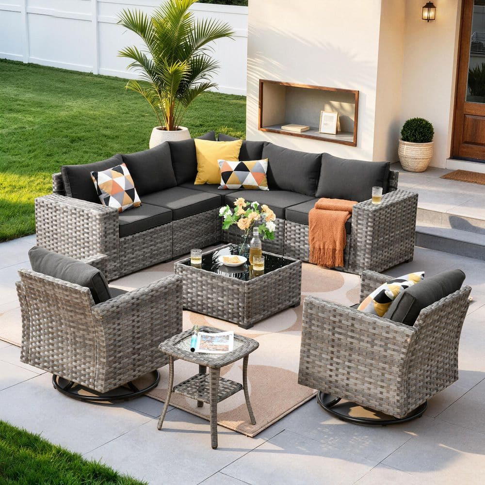Claret 9-Piece All-Weather Wicker Outdoor Patio Sectional Furniture Set with Swivel Chairs and Black Cushions price history on PriceWatchPro