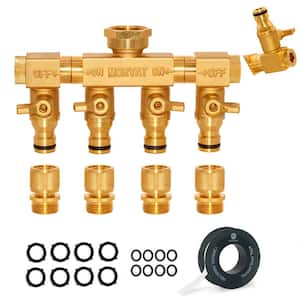 Heavy-Duty Brass Garden 4-Way Hose Splitter with Quick Connect Attachments, ON/OFF Valves, and Rotatable Arms
