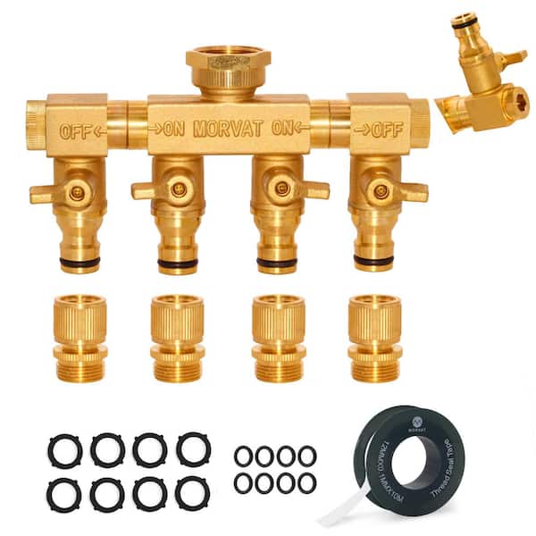 Morvat Heavy-Duty Brass Garden 4-Way Hose Splitter with Quick Connect Attachments, ON/OFF Valves, and Rotatable Arms
