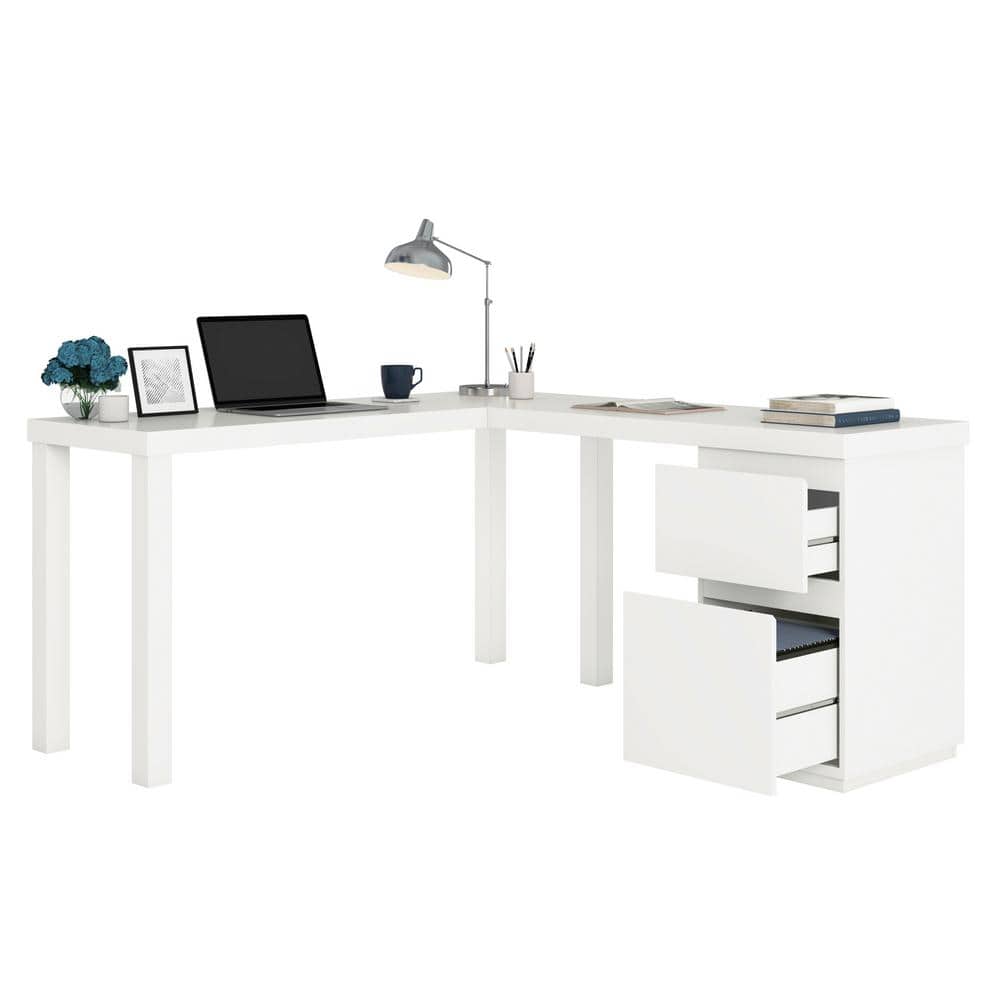 Executive White L-Shaped Desk with Filing Cabinet and Drawers
