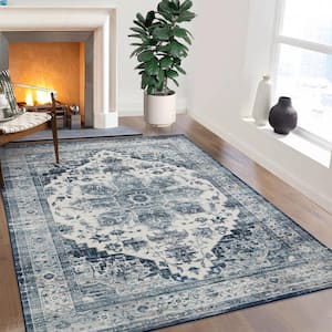 Blue 6 ft. x 9 ft. Machine Washable Floral Indoor Area Rug