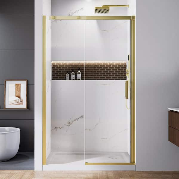 EAKYHOM 44 in. to 48 in. W x 74 in. H Single Sliding Semi-Frameless Shower Door in Brushed Gold with 5/16 in. Tempered Glass