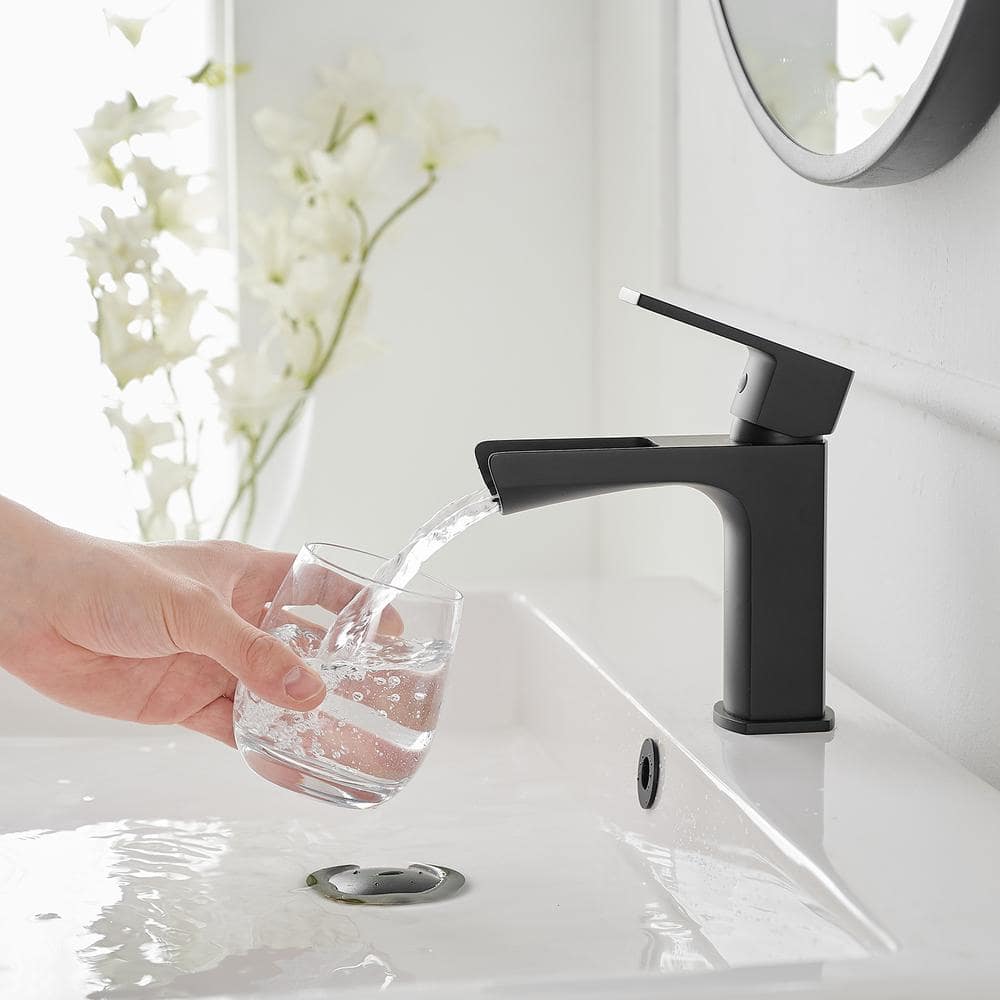 Matte Black Single-Handle Waterfall Bathroom Faucet with Drain Assembly