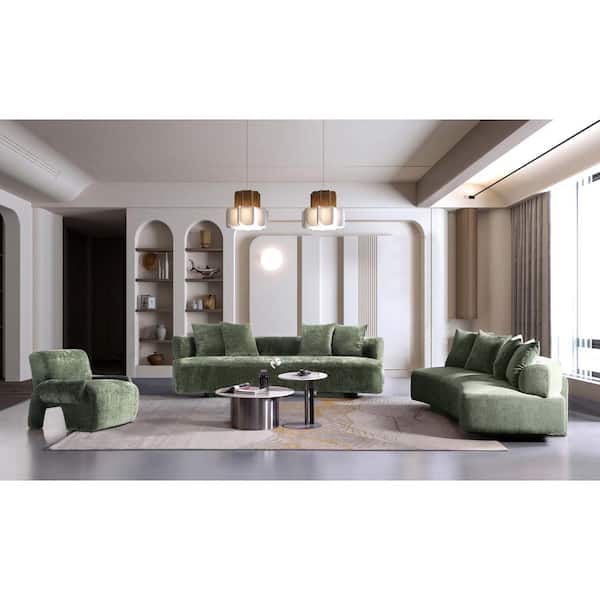 Manhattan Comfort Verandah 3-Piece Mid-Century Modern Olive Green Chenille Upholstered Sofa and Accent Chair Living Room Set