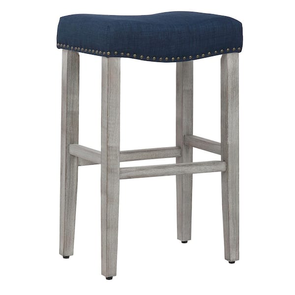 WESTINFURNITURE Jameson 29 in Bar Height Antique Gray Wood Backless Nailhead Barstool with Upholstered Navy Blue Linen Saddle Seat Stool