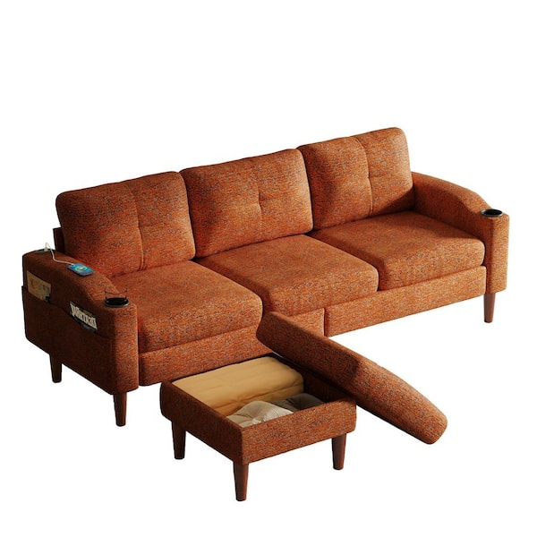 ZSDSKL 78.7 in. Flared Arm Fabric L-shaped Convertible Storage Sofa with Cup Holder & USB Port in. Burnt Orange