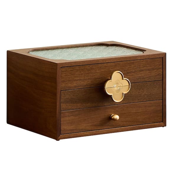 Lesly 10 in. Wide Walnut Color with Glass Ceiling Wooden Jewelry Box
