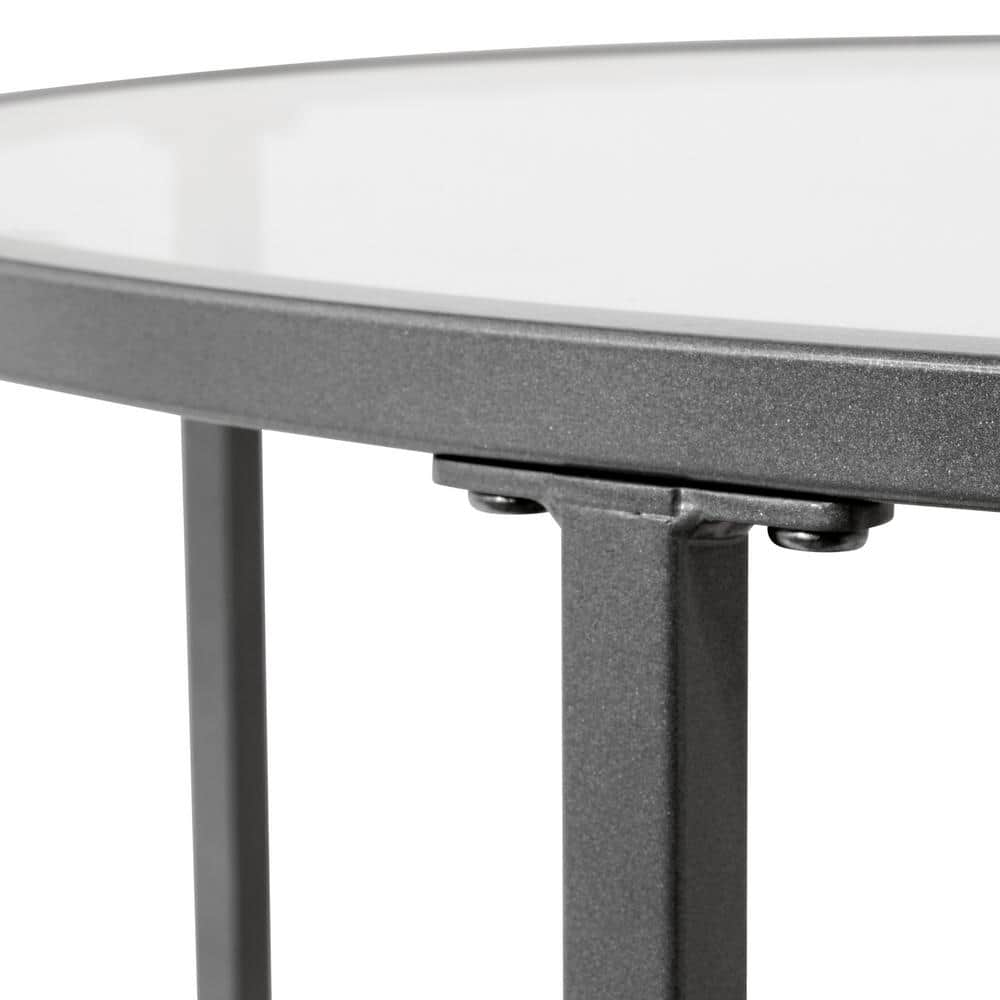 Pewter Round Glass Coffee Table with Steel Frame, 28 Inches