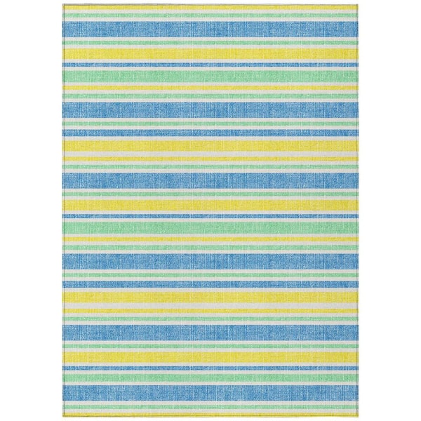 Yellow and Blue 3 ft. x 5 ft. Woven Striped Polyester Rectangle Indoor/Outdoor Area Rug