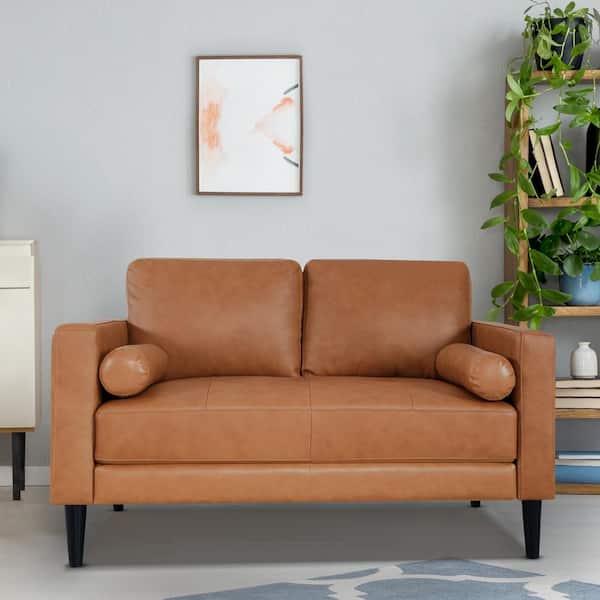 Tan Mid-Century Square Arm Leather 2-Seater Loveseat-53.54" W x 31.1" D x 35.43" H